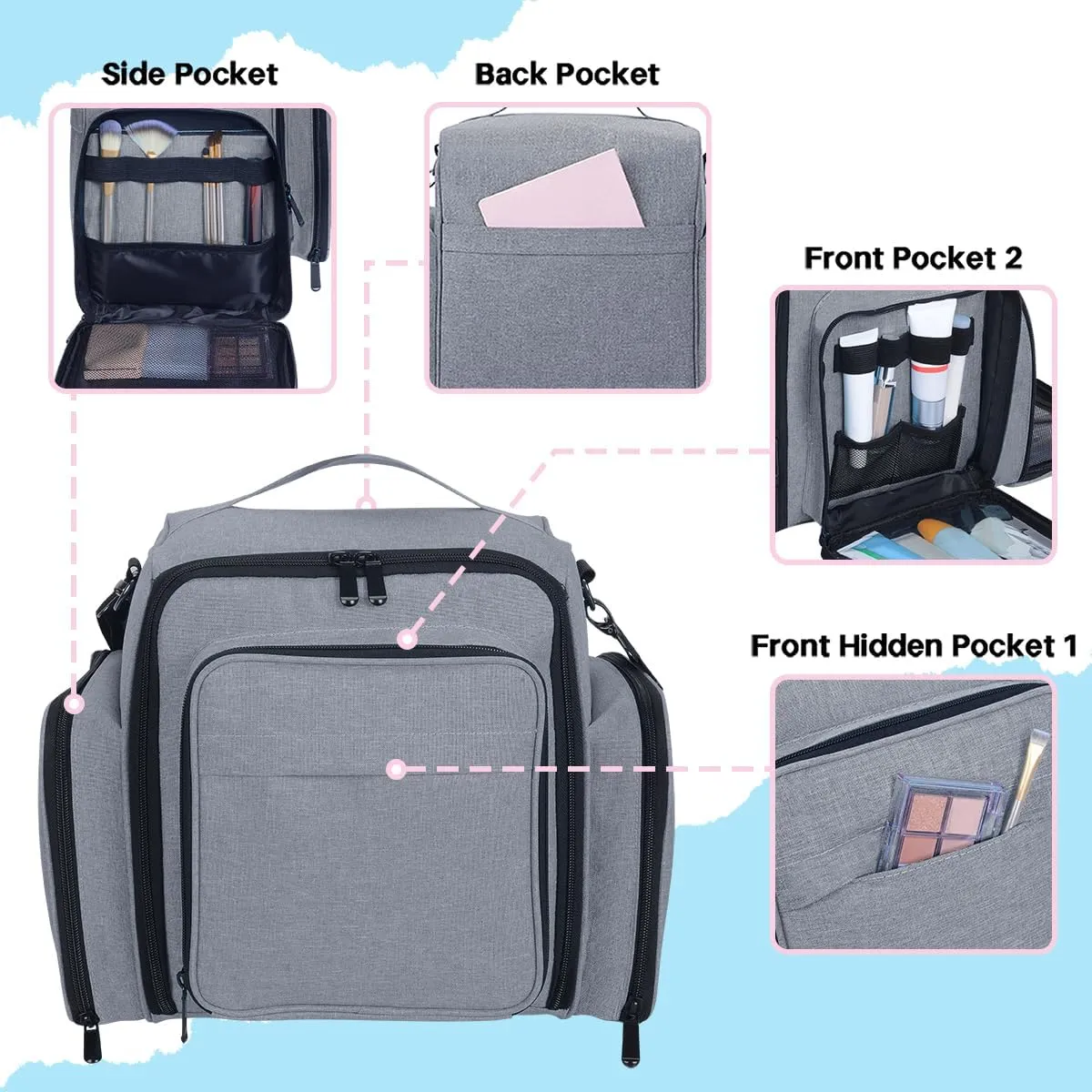 Large Makeup Bag Cosmetic Case Organizer with 3 Inner Removable Pouches Multifunctional Travel Train Storage,Grey
