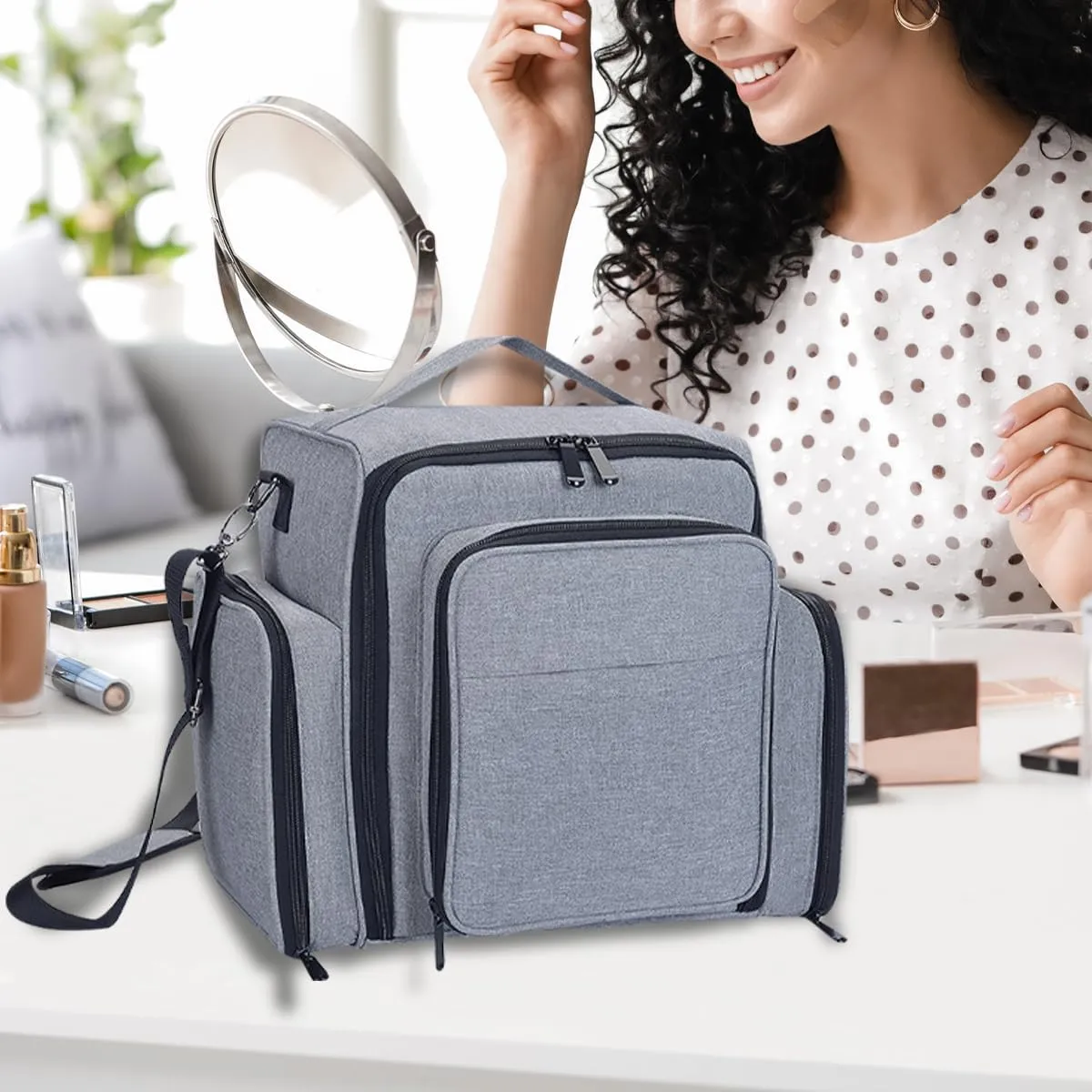 Large Makeup Bag Cosmetic Case Organizer with 3 Inner Removable Pouches Multifunctional Travel Train Storage,Grey