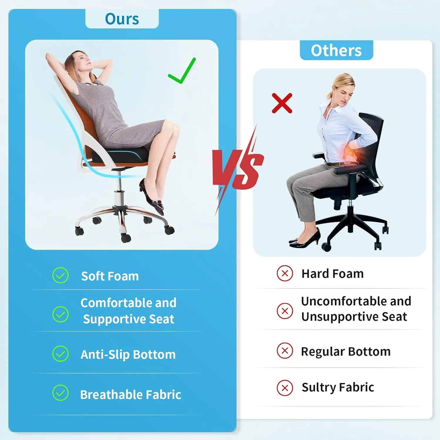 Large Seat Cushion, Soft Foam Cushion for Long Sitting Hours on Office Chair, Home & Car, Non-Slip Chair Pad for Relieving Back & Sciatica & Hip & Coccyx Pain (Black)
