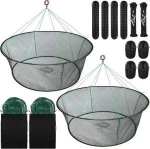 Lasnten 2 Set Portable Foldable Fishing Net Set, 2 Open Mouth Nets, 4 Bait Cages, Durable Crab Net Fish Nylon Net, Good for Freshwater & Saltwater Fishing, Includes Drawstring Bags and Safety Ropes