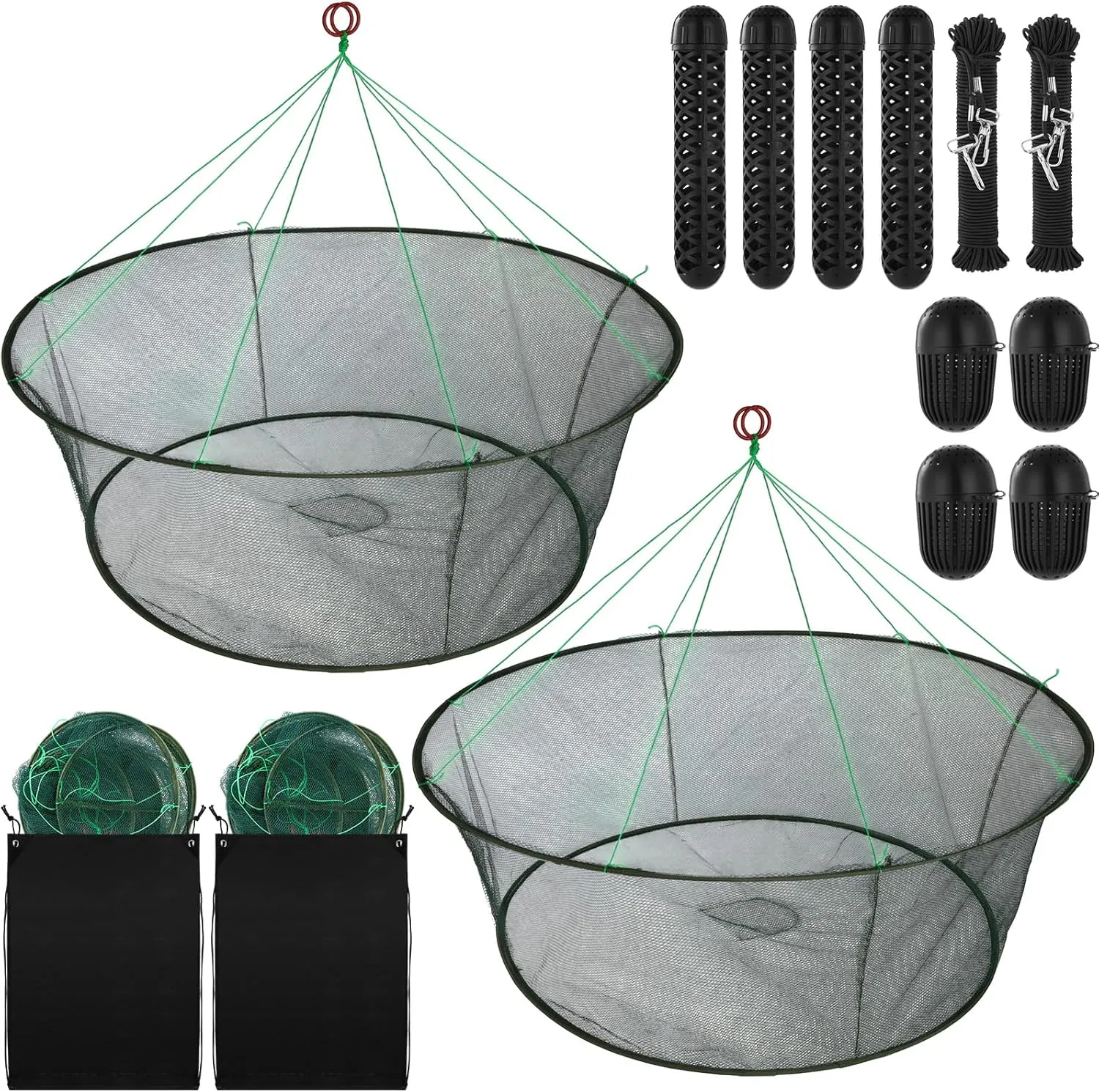 Lasnten 2 Set Portable Foldable Fishing Net Set, 2 Open Mouth Nets, 4 Bait Cages, Durable Crab Net Fish Nylon Net, Good for Freshwater & Saltwater Fishing, Includes Drawstring Bags and Safety Ropes