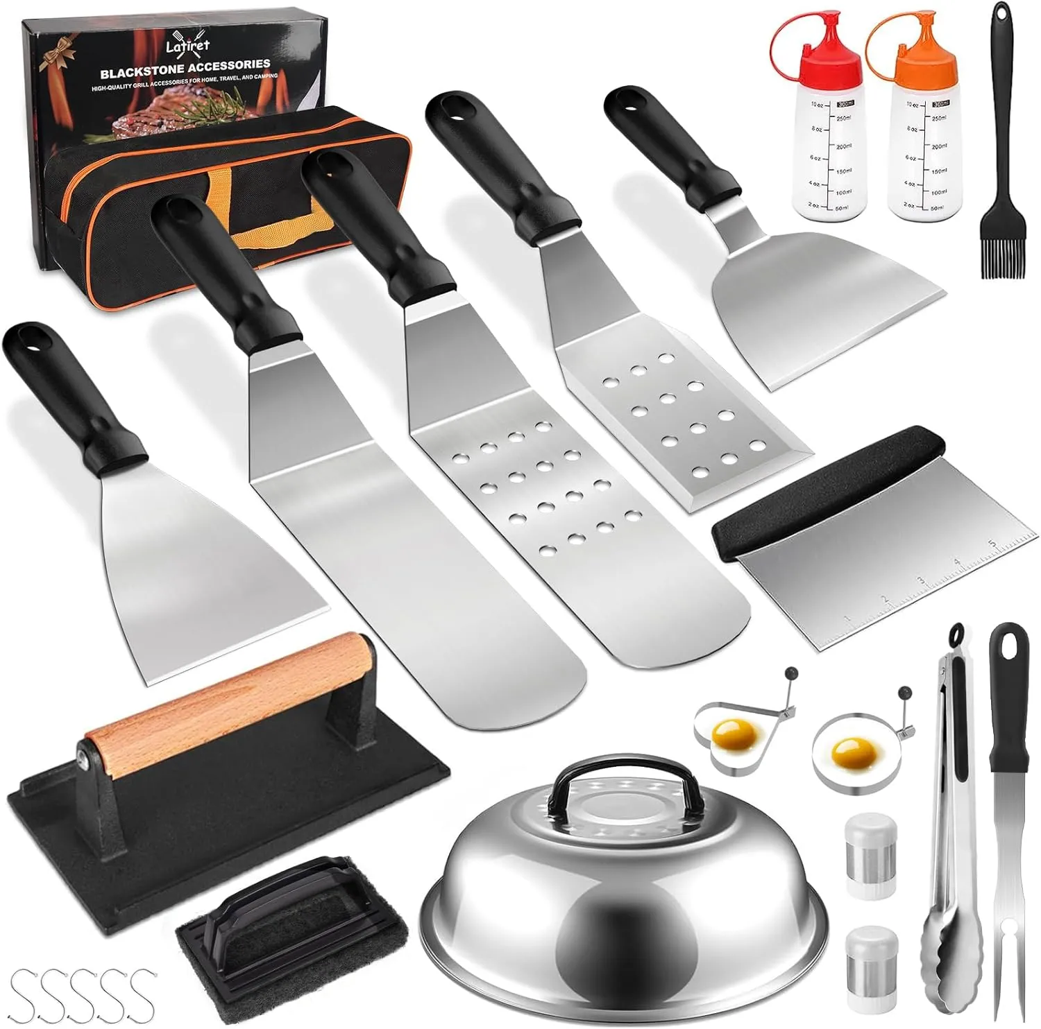 ﻿Latiret Griddle Accessories Kit, 24Pcs Grilling Accessories Set for Blackstone and Camp Chef, Flat Top Griddle Accessories Set with Scraper, Enlarged Spatulas, Basting Cover, White Elephant Gifts