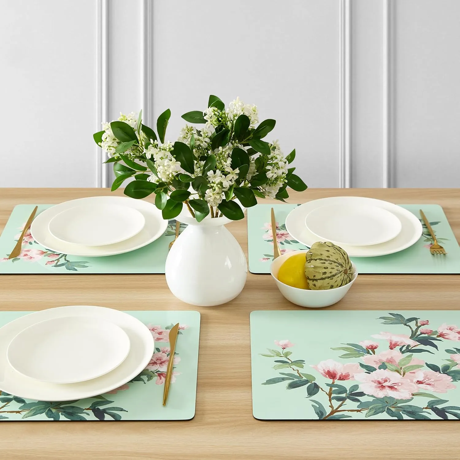 Laura Ashley Cork Placemats 16 x 12-inch for Kitchen and Dining Tables, Heat Resistant, Durable, Easy Clean, Set of 4, Blossom Branch