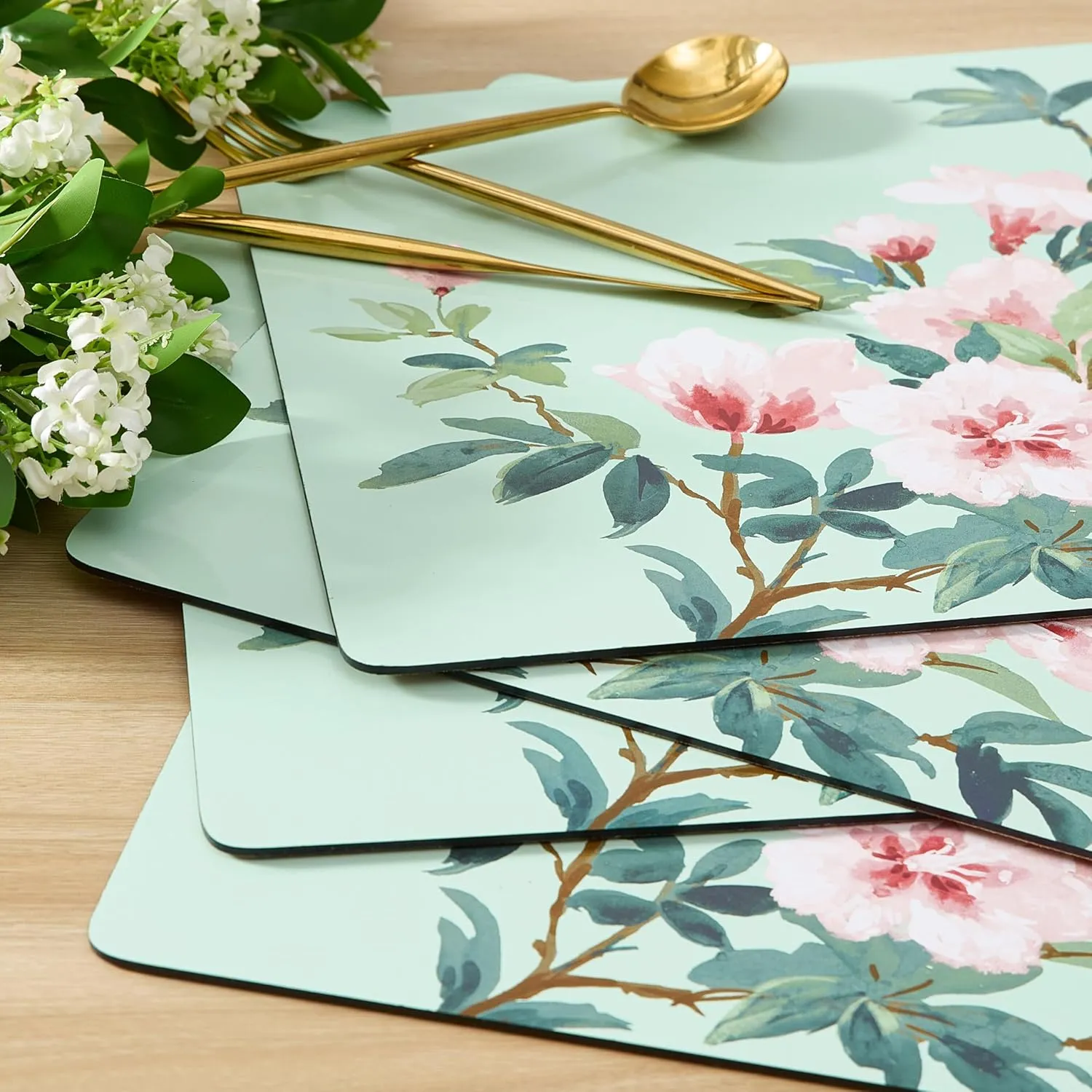 Laura Ashley Cork Placemats 16 x 12-inch for Kitchen and Dining Tables, Heat Resistant, Durable, Easy Clean, Set of 4, Blossom Branch