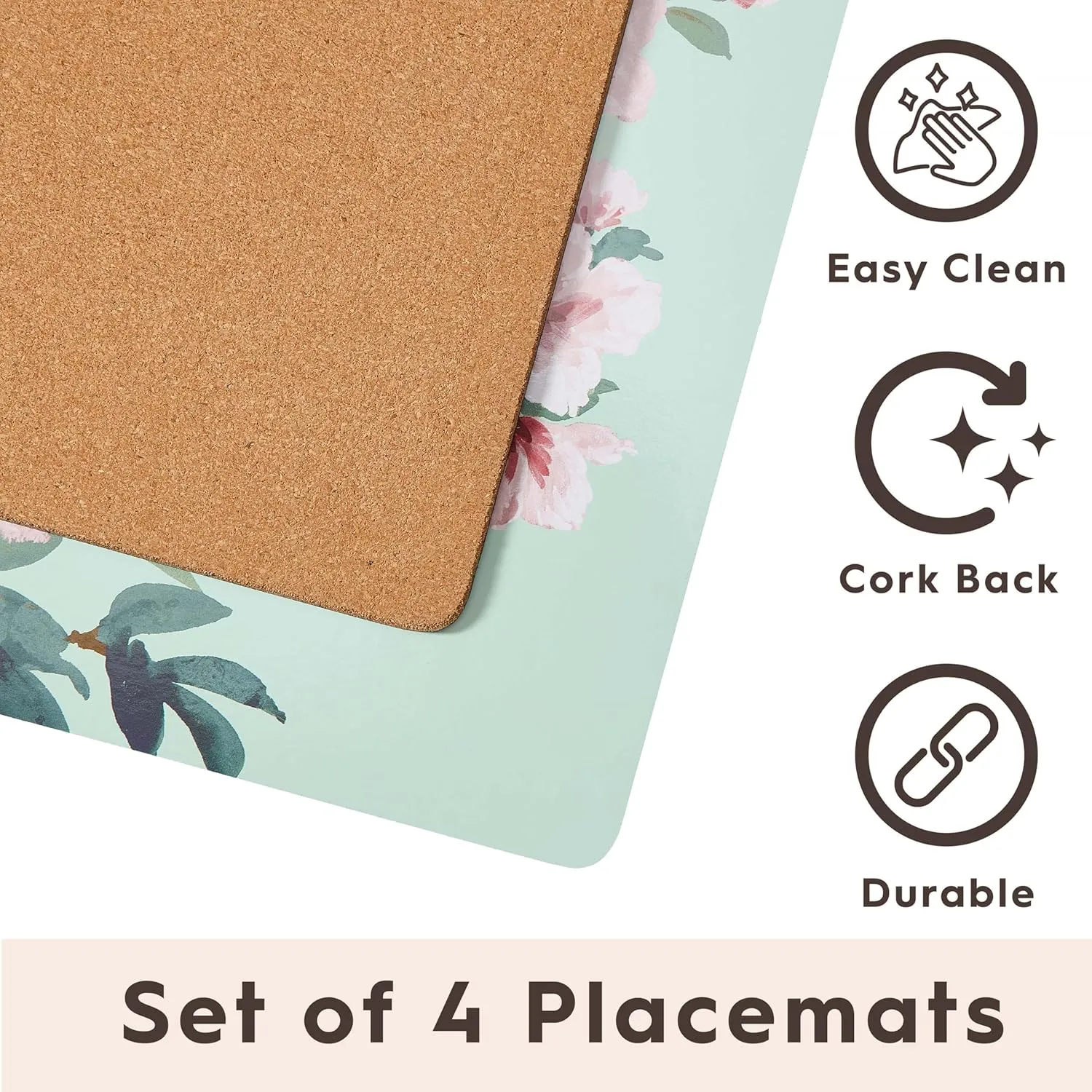 Laura Ashley Cork Placemats 16 x 12-inch for Kitchen and Dining Tables, Heat Resistant, Durable, Easy Clean, Set of 4, Blossom Branch