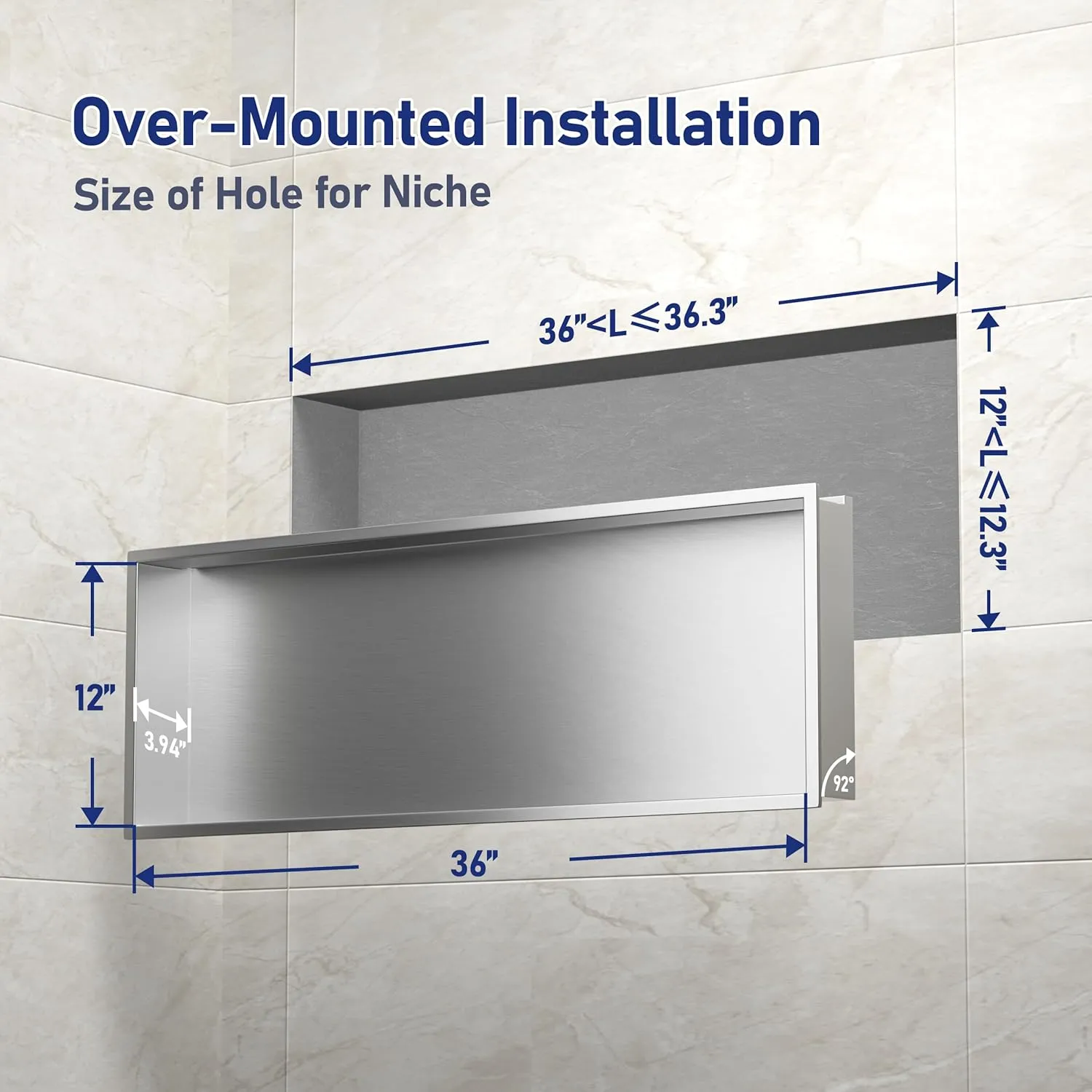 Led Shower Niche 36" X 12" Brushed 304 Stainless Steel with Lighting Waterproof No Tile Need Shower Niches for Bathroom Storage Recessed Wall Niche