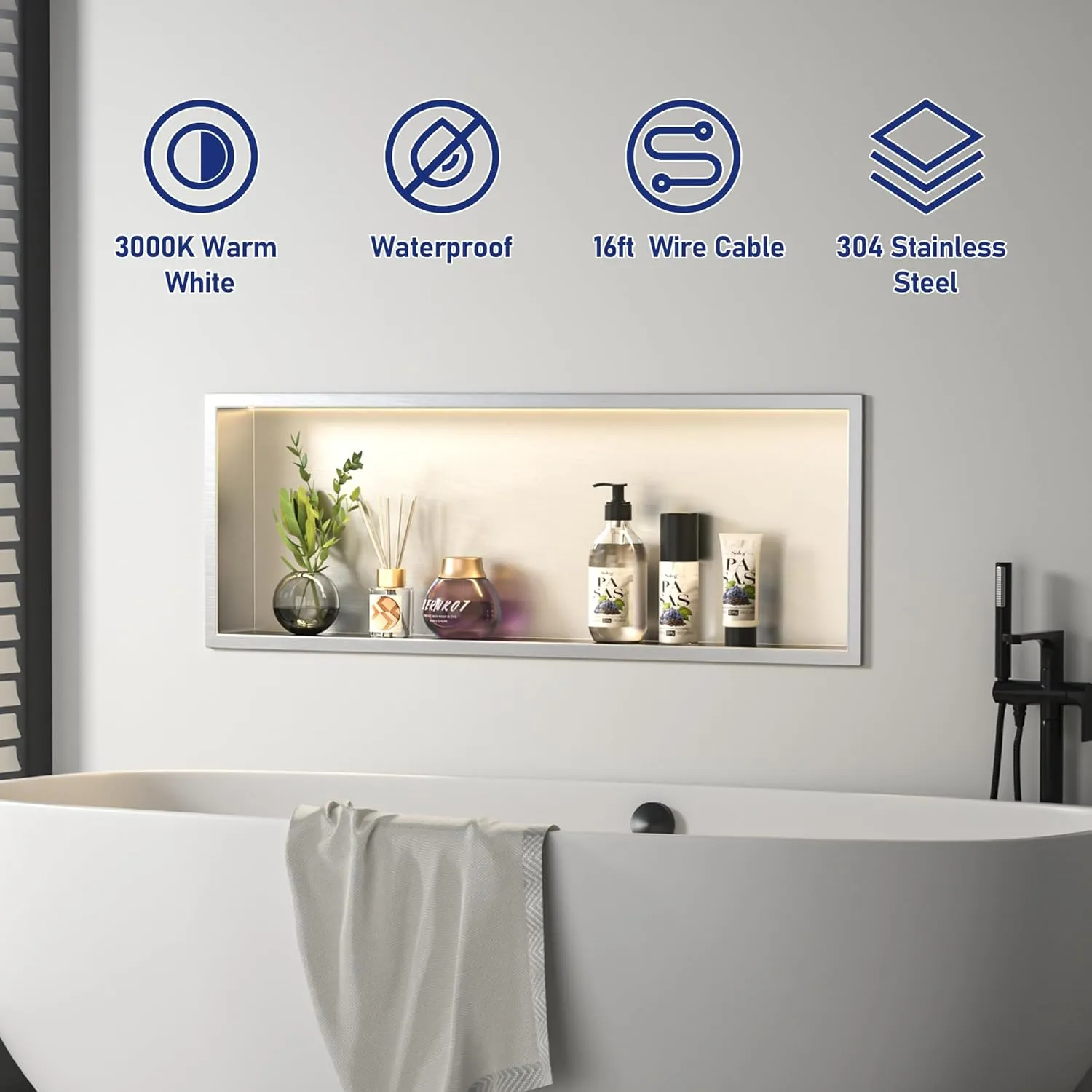 Led Shower Niche 36" X 12" Brushed 304 Stainless Steel with Lighting Waterproof No Tile Need Shower Niches for Bathroom Storage Recessed Wall Niche