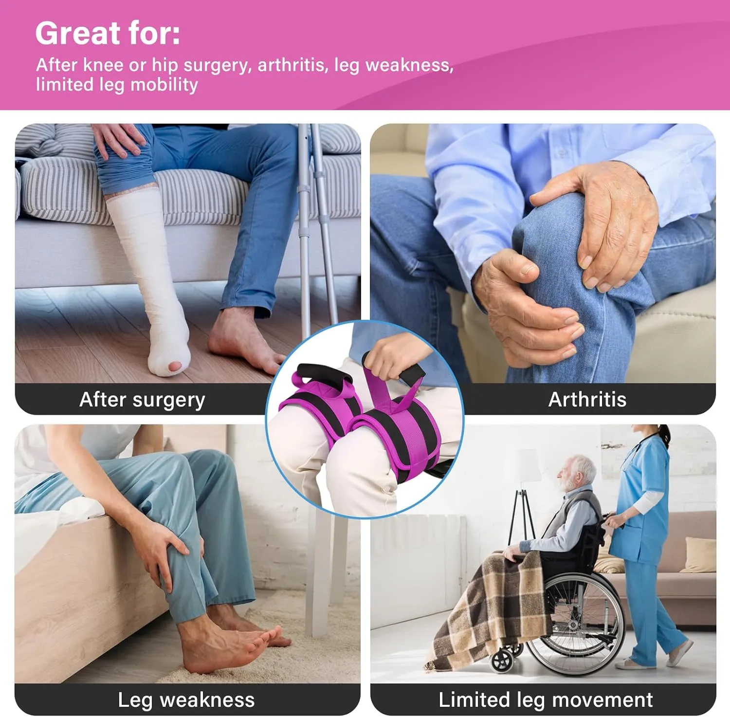 Leg Lifter Strap Set of 2 for Limited Mobility,Thigh Lifter Strap with Padded Grip and Loop,Knee Hip Surgery Recovery Aids for Disabled Eldly Get in and Out of Bed,Car,Wheelchair