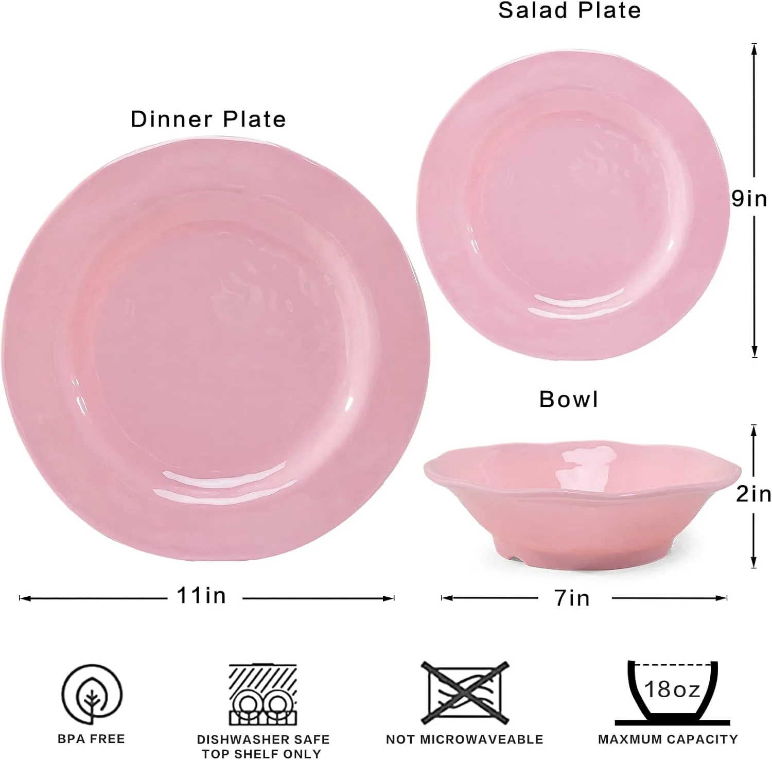 LEHAHA Pink Dishes Melamine Dinnerware Sets, 12 Piece Kitchen Plates and Bowls Dinnerware Sets, Lightweight, BPA free Melamine Dishes for Girls, Valentine's Day, Mother's Day.