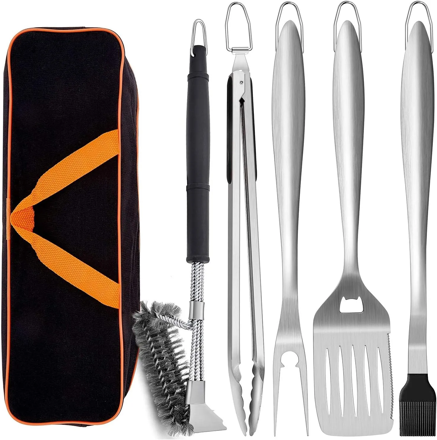 Leonyo Grill Tools Set of 6, 18Inch Extra-Long BBQ Tool Set, Heavy-Duty Barbecue Grilling Accessories, Stainless Steel Spatula, Fork, Tong, Basting Brush, Cleaning Brush, Carrying Bag