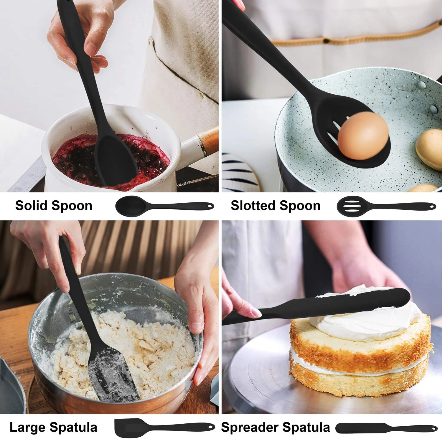LIANYU 14 Pcs Cooking Utensils Set with Holder, Heat Resistant Silicone Kitchen Cookware Utensils Set, Kitchen Cooking Tools Includes Spatula Spoon Turner Whisk Tong, Dishwasher safe, Black