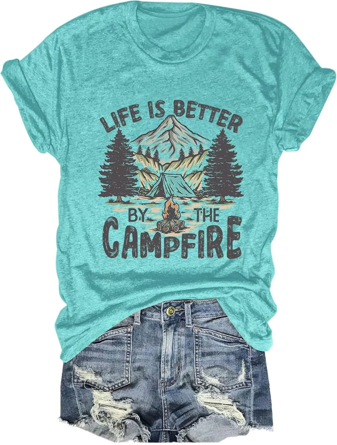 Life is Better by The Campfire.T-Shirt Women Funny Camper Camp Camping T-Shirt Tent Graphic Tee Casual Top