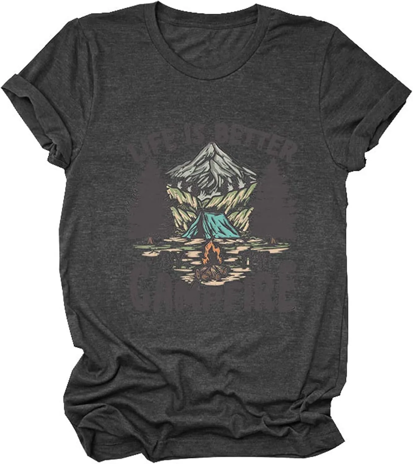 Life is Better by The Campfire.T-Shirt Women Funny Camper Camp Camping T-Shirt Tent Graphic Tee Casual Top