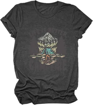Life is Better by The Campfire.T-Shirt Women Funny Camper Camp Camping T-Shirt Tent Graphic Tee Casual Top