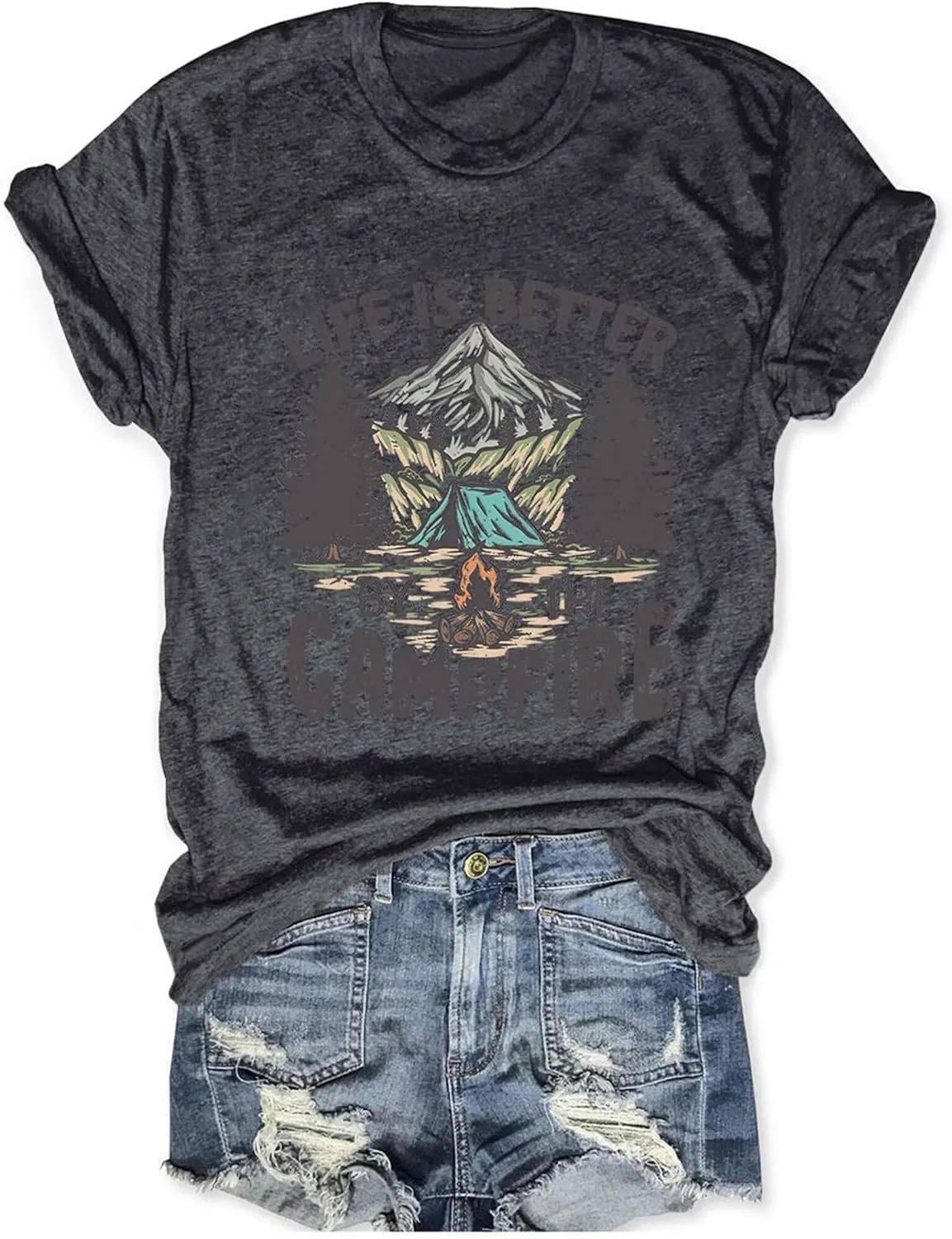 Life is Better by The Campfire.T-Shirt Women Funny Camper Camp Camping T-Shirt Tent Graphic Tee Casual Top