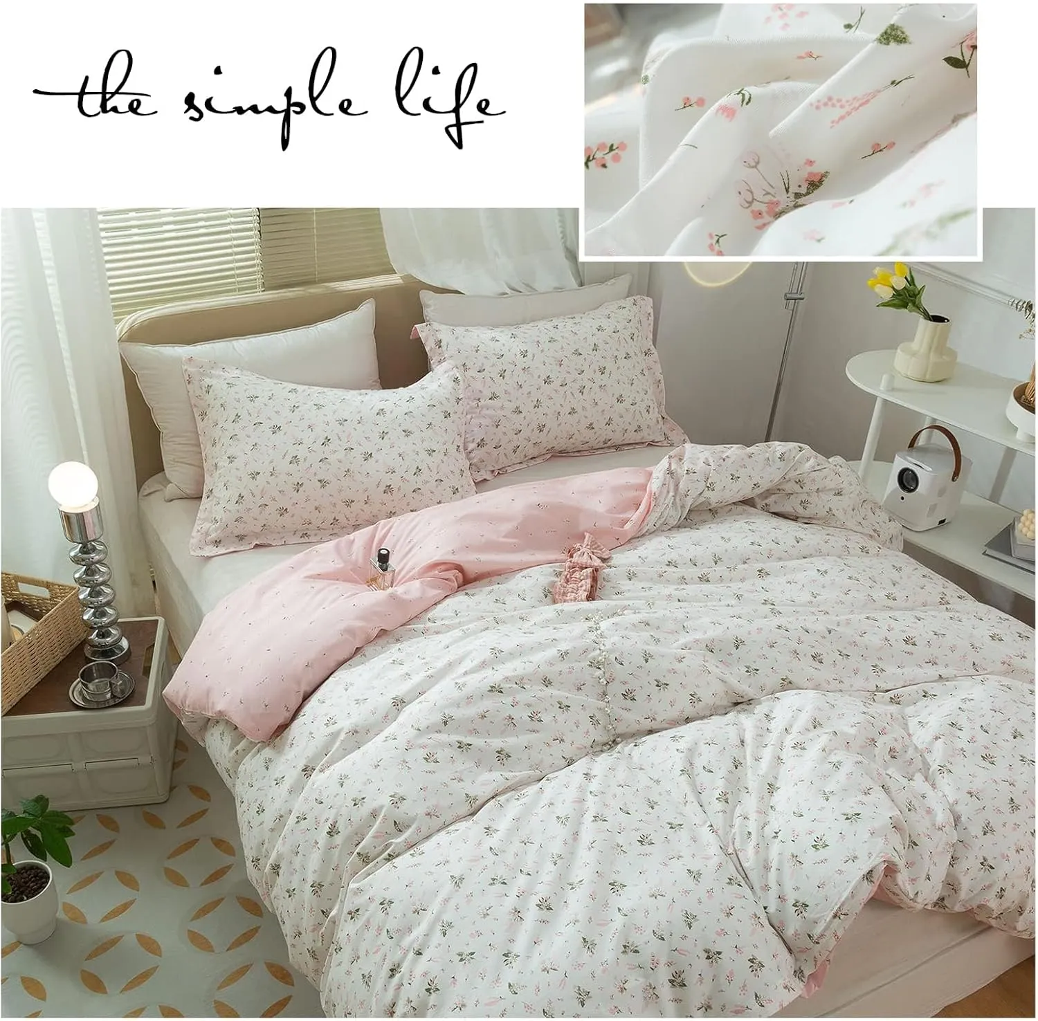 LifeTB Cotton Floral Duvet Cover Queen Girl Pink Flower Bedding Sets Garden Style Cotton Floral Comforter Cover Pink White Floral Bedding Sets Flower Branches Pattern Duvet Cover with Zipper Closure