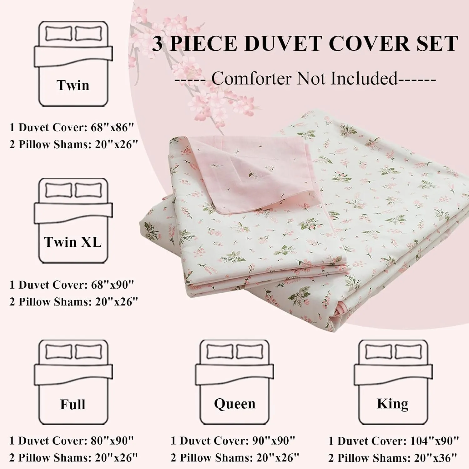 LifeTB Cotton Floral Duvet Cover Queen Girl Pink Flower Bedding Sets Garden Style Cotton Floral Comforter Cover Pink White Floral Bedding Sets Flower Branches Pattern Duvet Cover with Zipper Closure