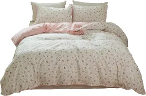 LifeTB Cotton Floral Duvet Cover Queen Girl Pink Flower Bedding Sets Garden Style Cotton Floral Comforter Cover Pink White Floral Bedding Sets Flower Branches Pattern Duvet Cover with Zipper Closure