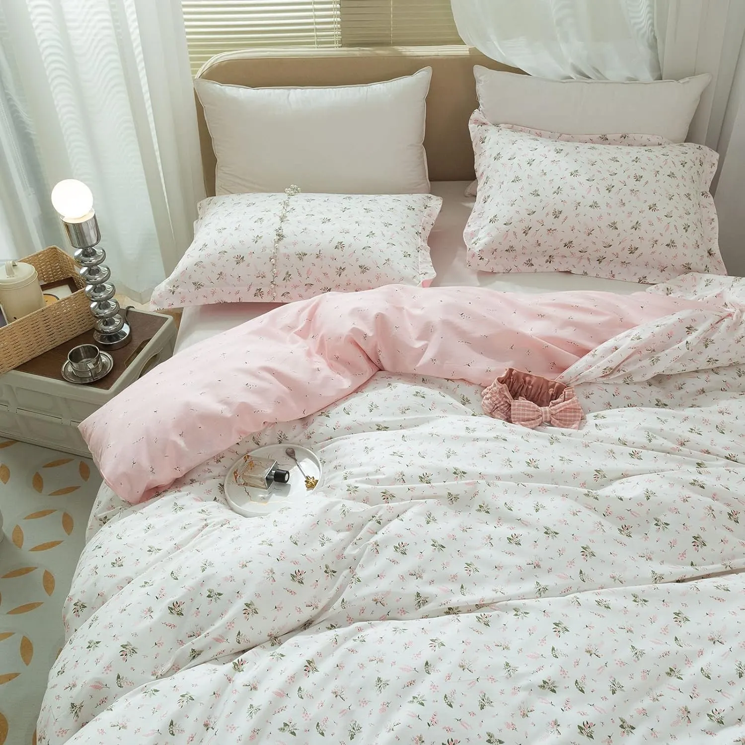 LifeTB Cotton Floral Duvet Cover Queen Girl Pink Flower Bedding Sets Garden Style Cotton Floral Comforter Cover Pink White Floral Bedding Sets Flower Branches Pattern Duvet Cover with Zipper Closure
