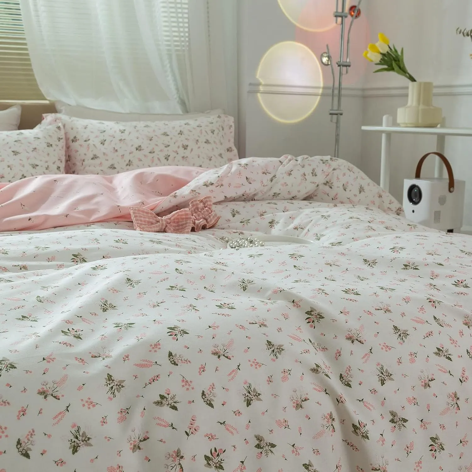 LifeTB Cotton Floral Duvet Cover Queen Girl Pink Flower Bedding Sets Garden Style Cotton Floral Comforter Cover Pink White Floral Bedding Sets Flower Branches Pattern Duvet Cover with Zipper Closure