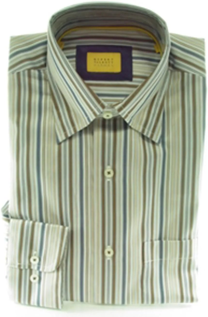 Light Blue with Brown, Grey, Navy Blue & Tan Multi-Stripe Sport Shirt