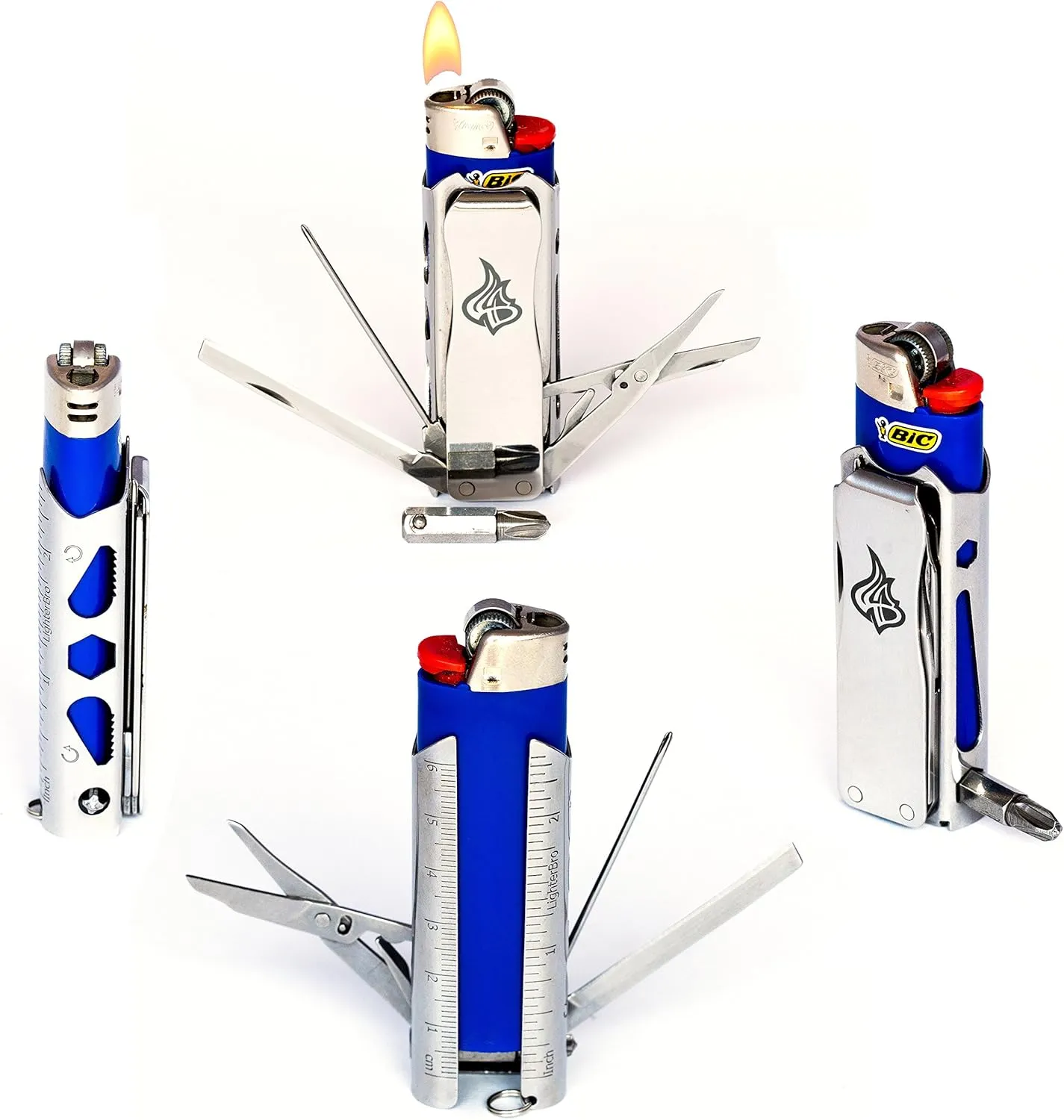 LighterBro Pro Lighter Sleeve - Multi-Tool - 420 Stainless Steel - Easily Fits Your Favorite Lighters - Includes Mini Pocket Knife, Ruler, Scissors, Screwdriver, Poker, Key Ring & More (Black)