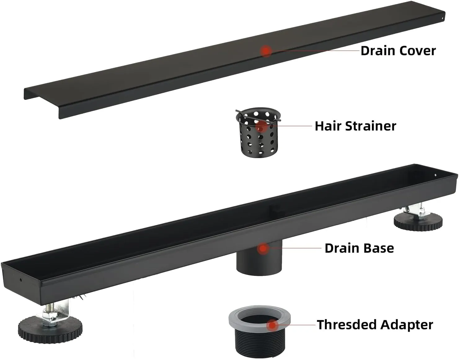 Linear Shower Drain with Tile Insert Panels, 24 Inch Black 304 Stainless Steel Rectangle Shower Floor Drain, with Hair Catcher, Adjustable Feet, Fits Bathroom, Balcony