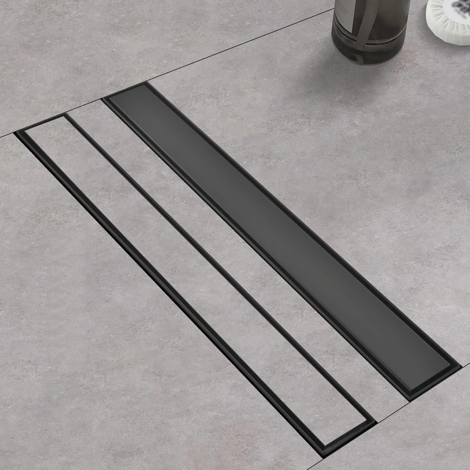 Linear Shower Drain with Tile Insert Panels, 24 Inch Black 304 Stainless Steel Rectangle Shower Floor Drain, with Hair Catcher, Adjustable Feet, Fits Bathroom, Balcony