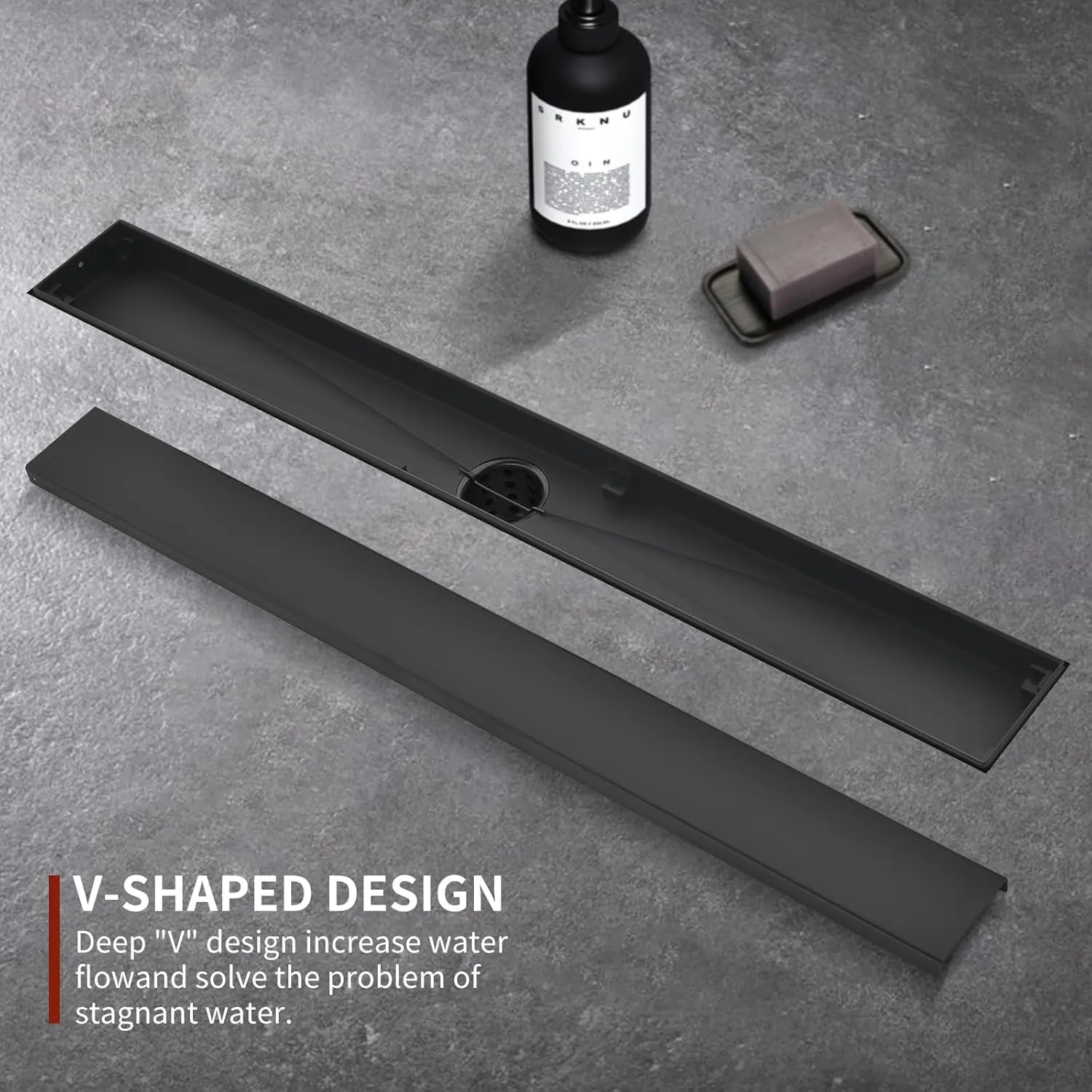 Linear Shower Drain with Tile Insert Panels, 24 Inch Black 304 Stainless Steel Rectangle Shower Floor Drain, with Hair Catcher, Adjustable Feet, Fits Bathroom, Balcony