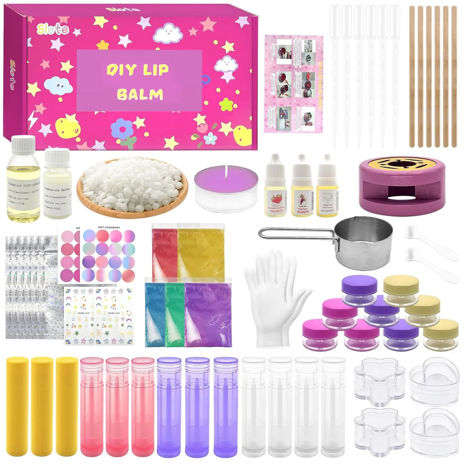 Lip Balm Making Kit - DIY for Kid, Make Your Own Lip Balm Kit with Natural Shea Butter, Beeswax Base, Sweet Almond Oil, Essential Oils, Tubes, Mica Color Powders & More Present