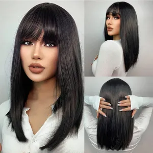 Long Black Wig for Women Black Wig with Bangs Long Straight Black Wig Synthetic Wigs (Black)