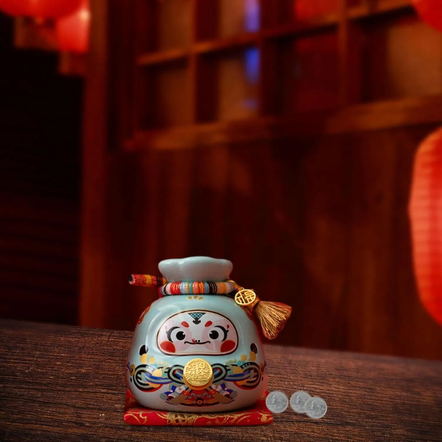Lucky Bag Piggy Bank with Cushion,Collectibles Money Bag Statue Gift Organizer Money Saving Box for Shelf, Chinese New Year, Blue