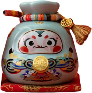 Lucky Bag Piggy Bank with Cushion,Collectibles Money Bag Statue Gift Organizer Money Saving Box for Shelf, Chinese New Year, Blue