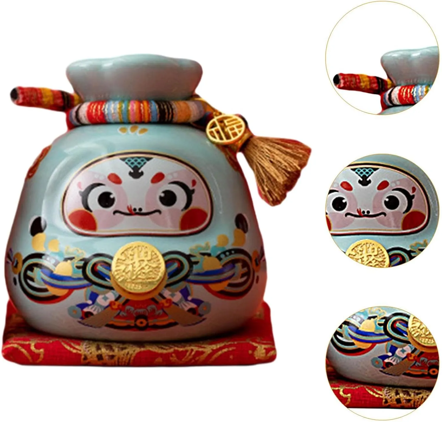 Lucky Bag Piggy Bank with Cushion,Collectibles Money Bag Statue Gift Organizer Money Saving Box for Shelf, Chinese New Year, Blue