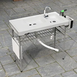LUCKYERMORE Fish Cleaning Table with Sink, Fish Cleaning Station with Faucet Drainage Hose & Sprayer, Portable Folding Design Complete Fish Cleaning Kit, Camping Sink Table for Patio Outdoor, White