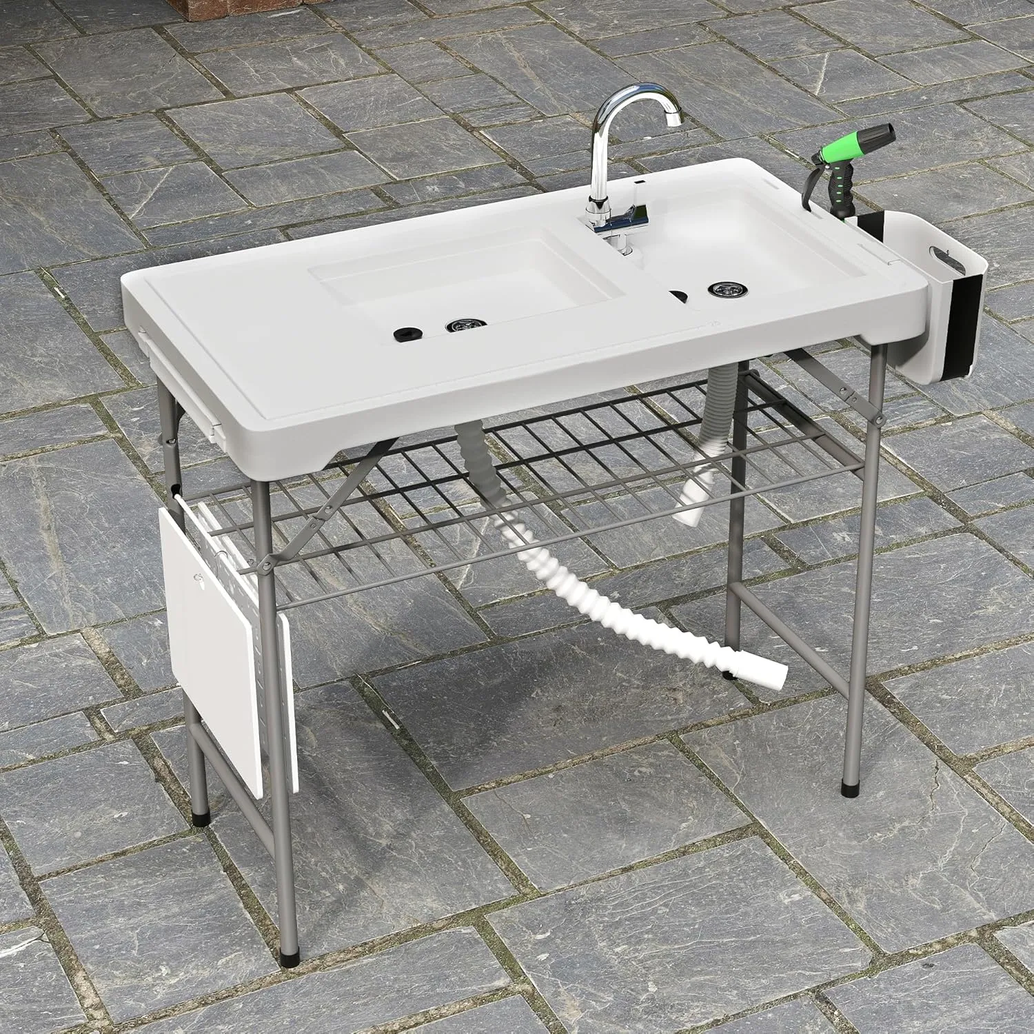 LUCKYERMORE Fish Cleaning Table with Sink, Fish Cleaning Station with Faucet Drainage Hose & Sprayer, Portable Folding Design Complete Fish Cleaning Kit, Camping Sink Table for Patio Outdoor, White