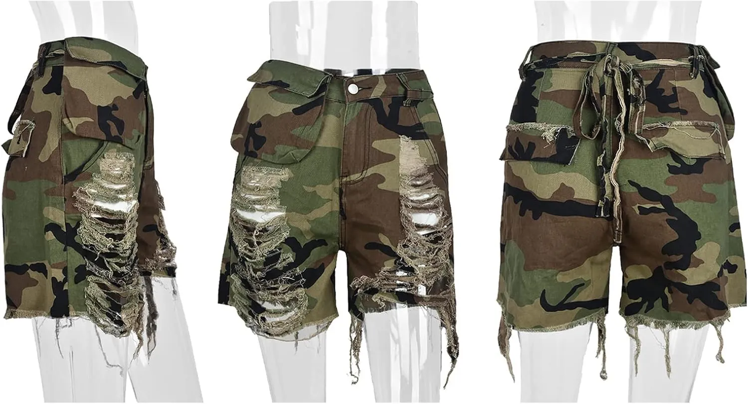 Lucuna Women's Camo Shorts High Waisted Multi-Pocket Army Fatigue Camouflage Casual Cargo Shorts