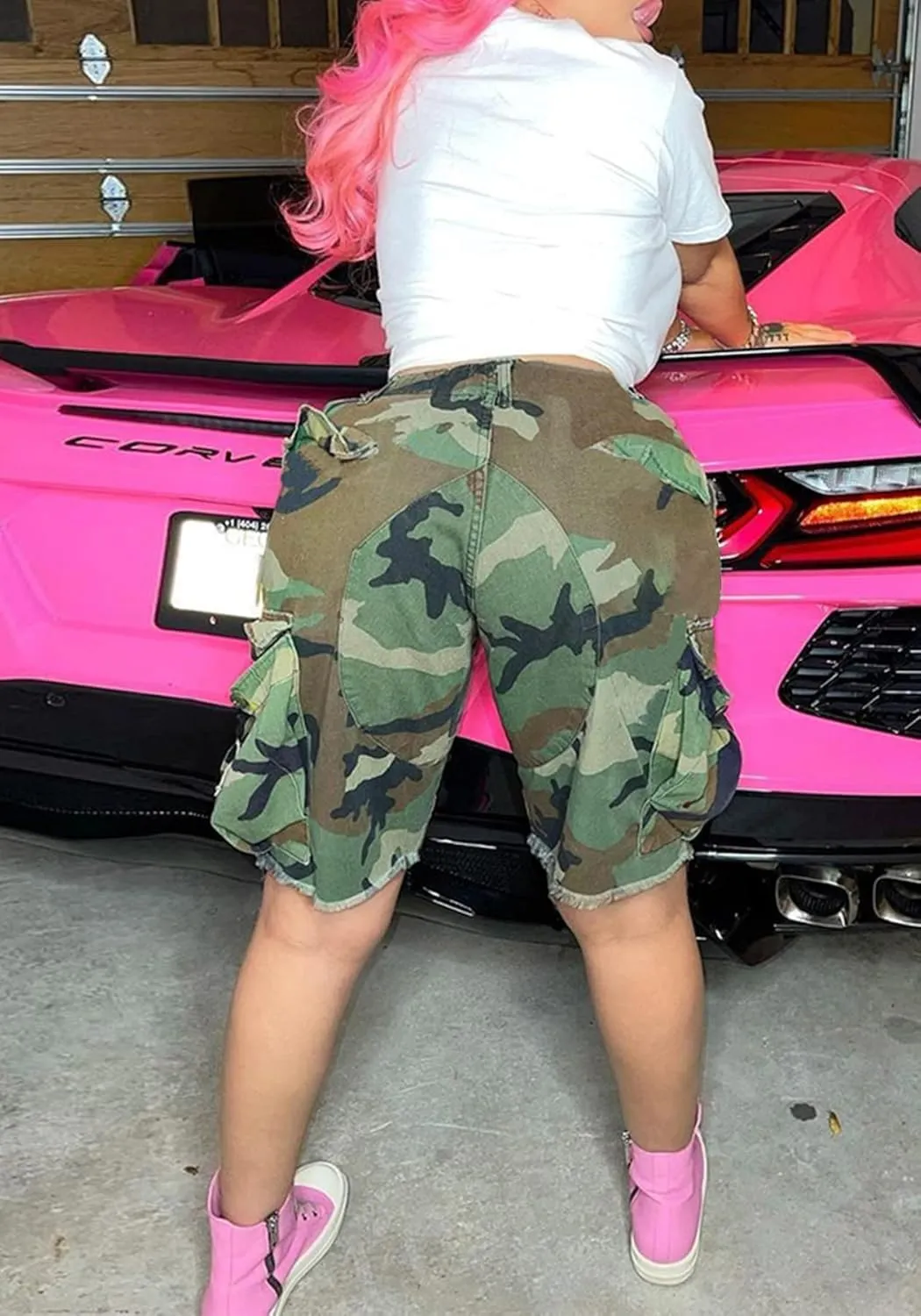 Lucuna Women's Camo Shorts High Waisted Multi-Pocket Army Fatigue Camouflage Casual Cargo Shorts