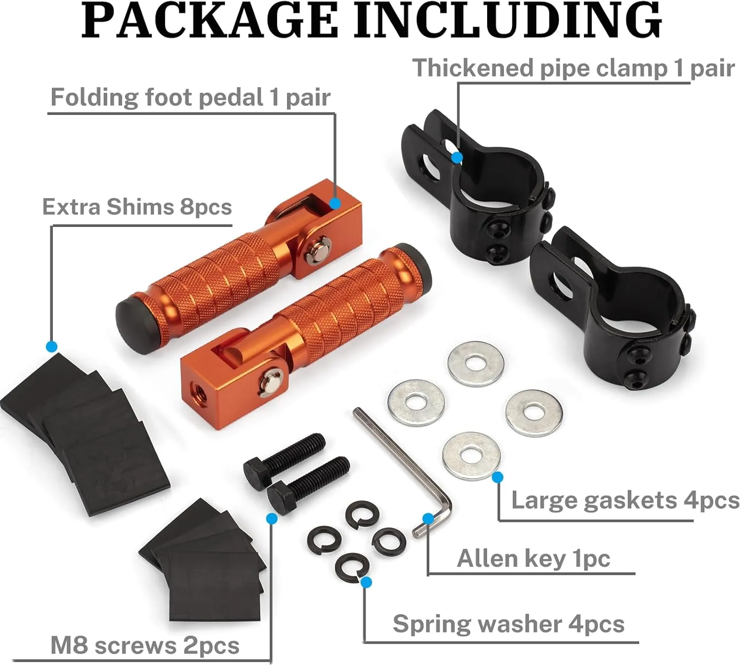 M8 Motorcycle Foot Pegs 90 Degree Foldable Footpegs CNC Anti-Skid Footrest Universal for Yamaha Honda Suzuki Aprilia Electric Car Motorbike Mini Bike Dirt Pit Bike Passenger Pedal (Orange)