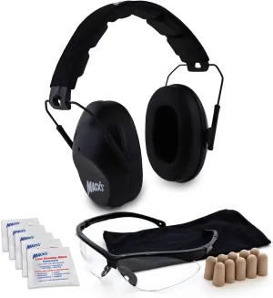 Mack's Double-Up Shooting Earmuff Safety Kit - Black Shooters Ear Muffs, 5 Pair Ultra Soft Foam Ear Plugs and Safety Glasses with Storage Pouch and 5 Lens Wipes