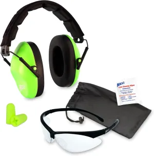 Mack's Double-Up Shooting Earmuff Safety Kit - Hi Viz Shooters Ear Muffs, Soft Foam Ear Plugs and Safety Glasses with Storage Pouch and Lens Wipes