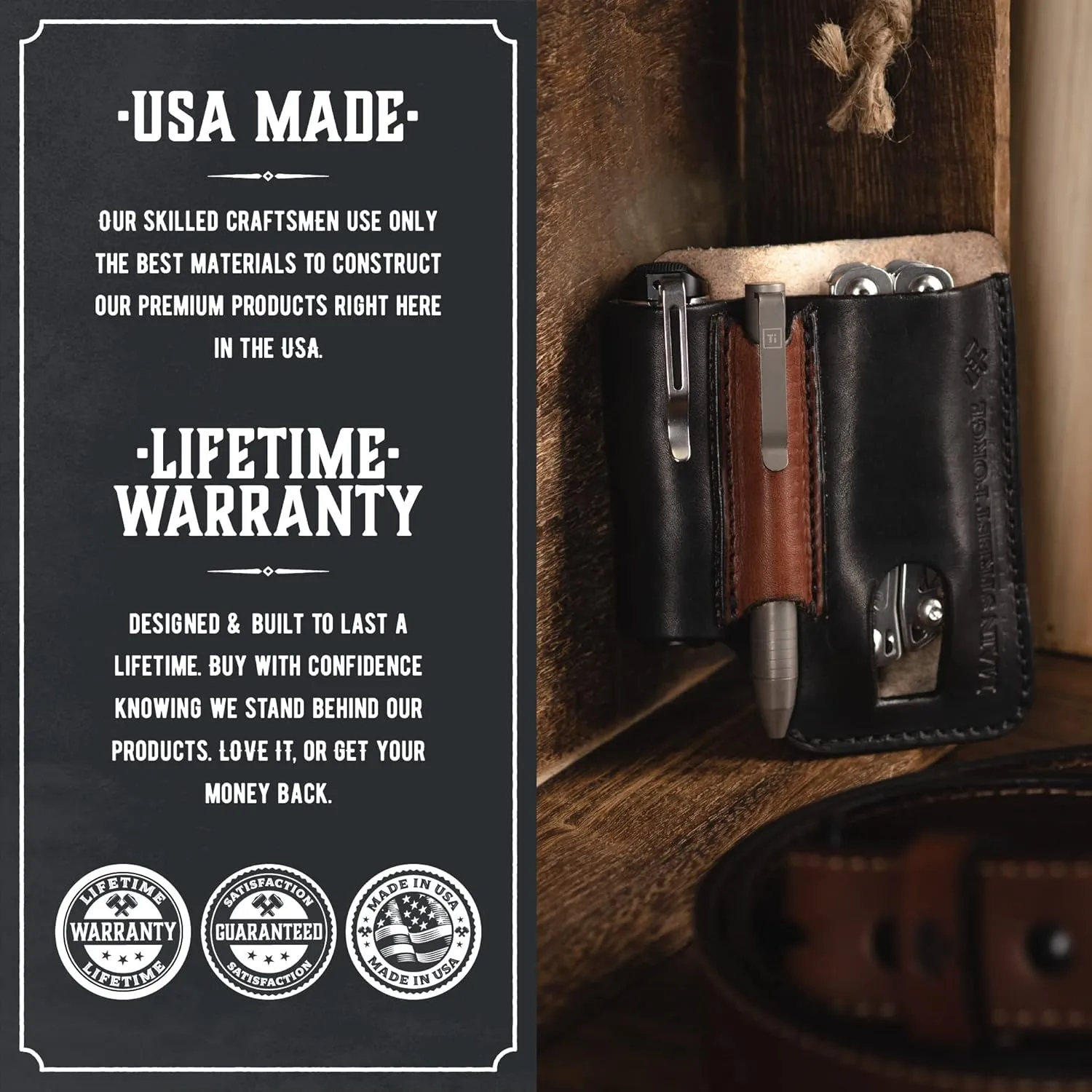 Made in USA Leather EDC Pouch | Leather Multitool Sheath/Holster for Men | Belt Clip/Pocket Organizer for Leatherman, Gerber & SOG Multitools | Knife/Multi Tool & Flashlight & Pen Holder