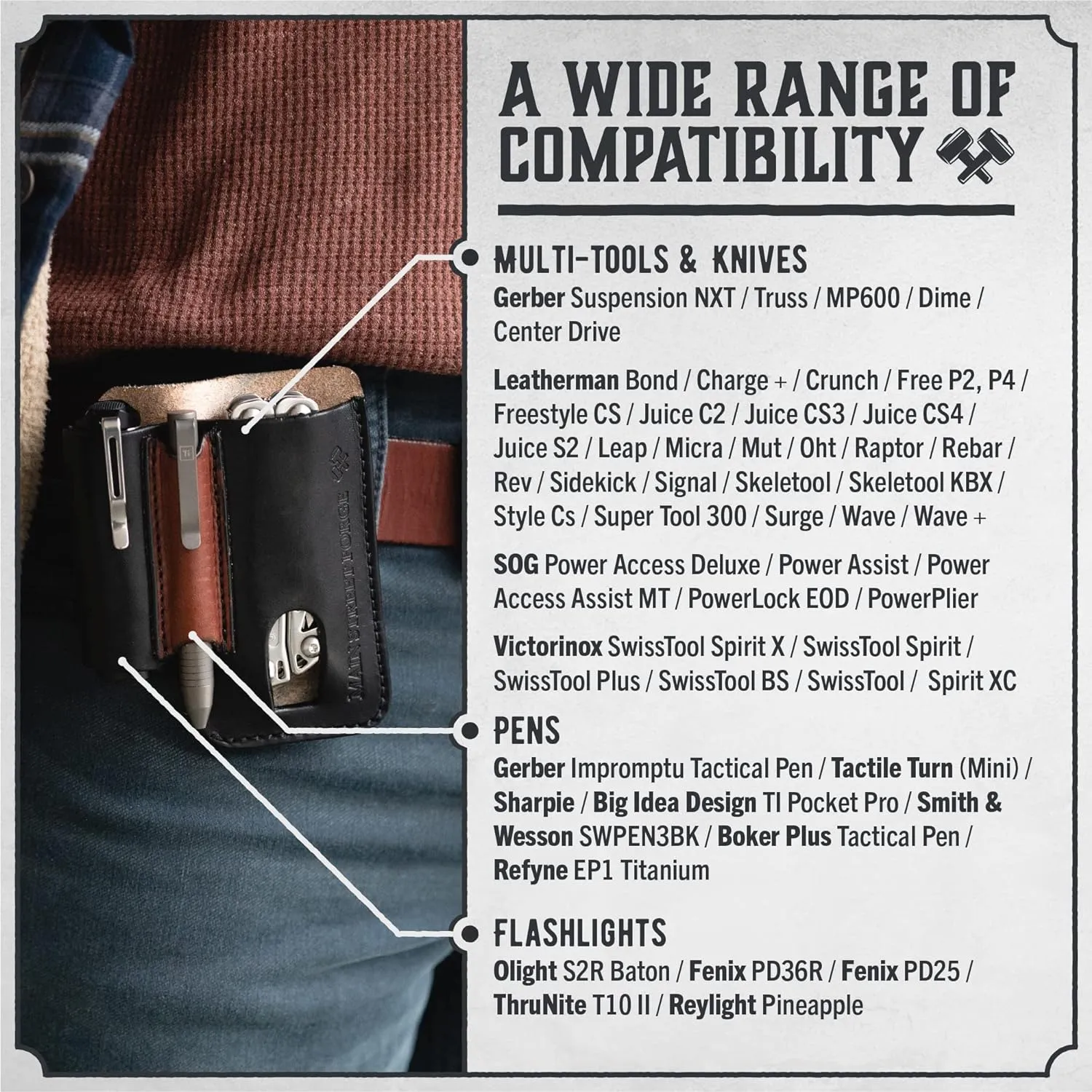 Made in USA Leather EDC Pouch | Leather Multitool Sheath/Holster for Men | Belt Clip/Pocket Organizer for Leatherman, Gerber & SOG Multitools | Knife/Multi Tool & Flashlight & Pen Holder