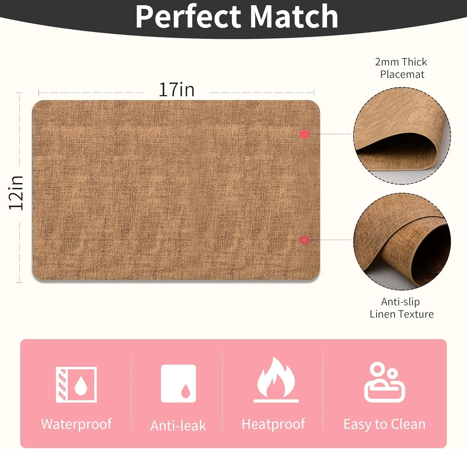 Maxpearl Faux Leather Placemats Set of 6 - Waterproof - Wipe Clean - Heat Resistant - Anti Slip Dining Table Place Mats, Suitable for Indoor & Outdoor Use, 17’’×12’’, Brown