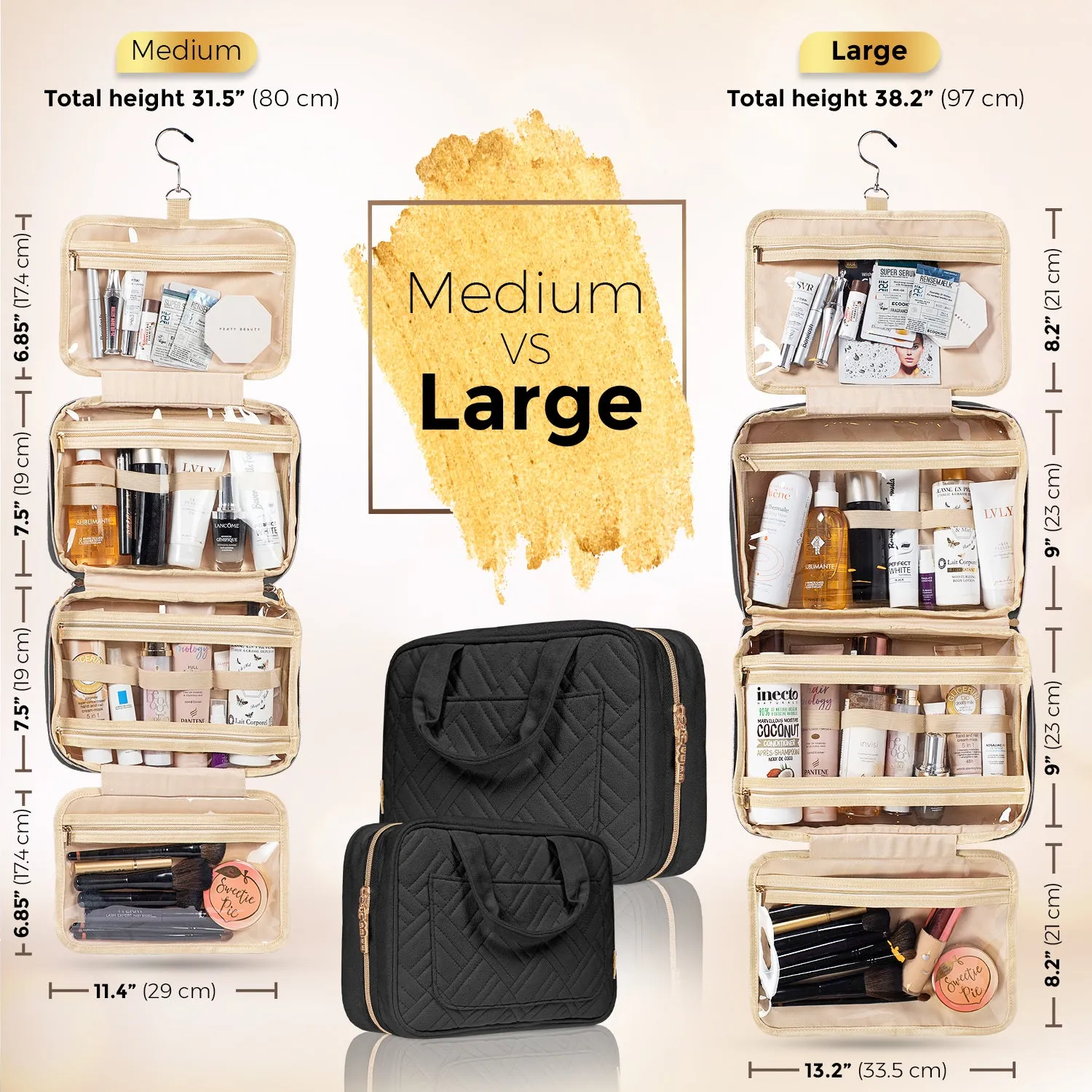 Medium Foldable Hanging Toiletry Bag - Panther Black (Beige Interior)