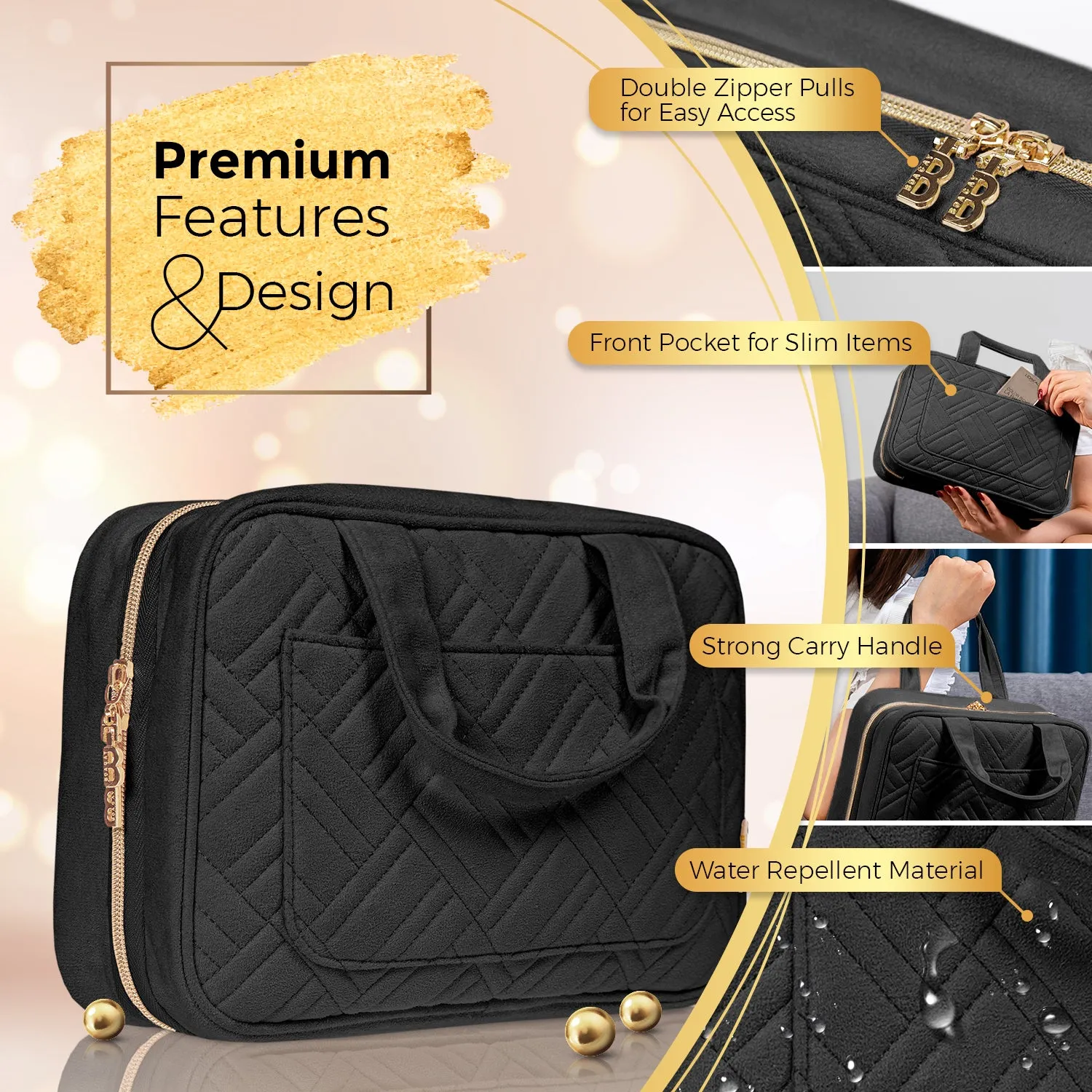 Medium Foldable Hanging Toiletry Bag - Panther Black (Beige Interior)