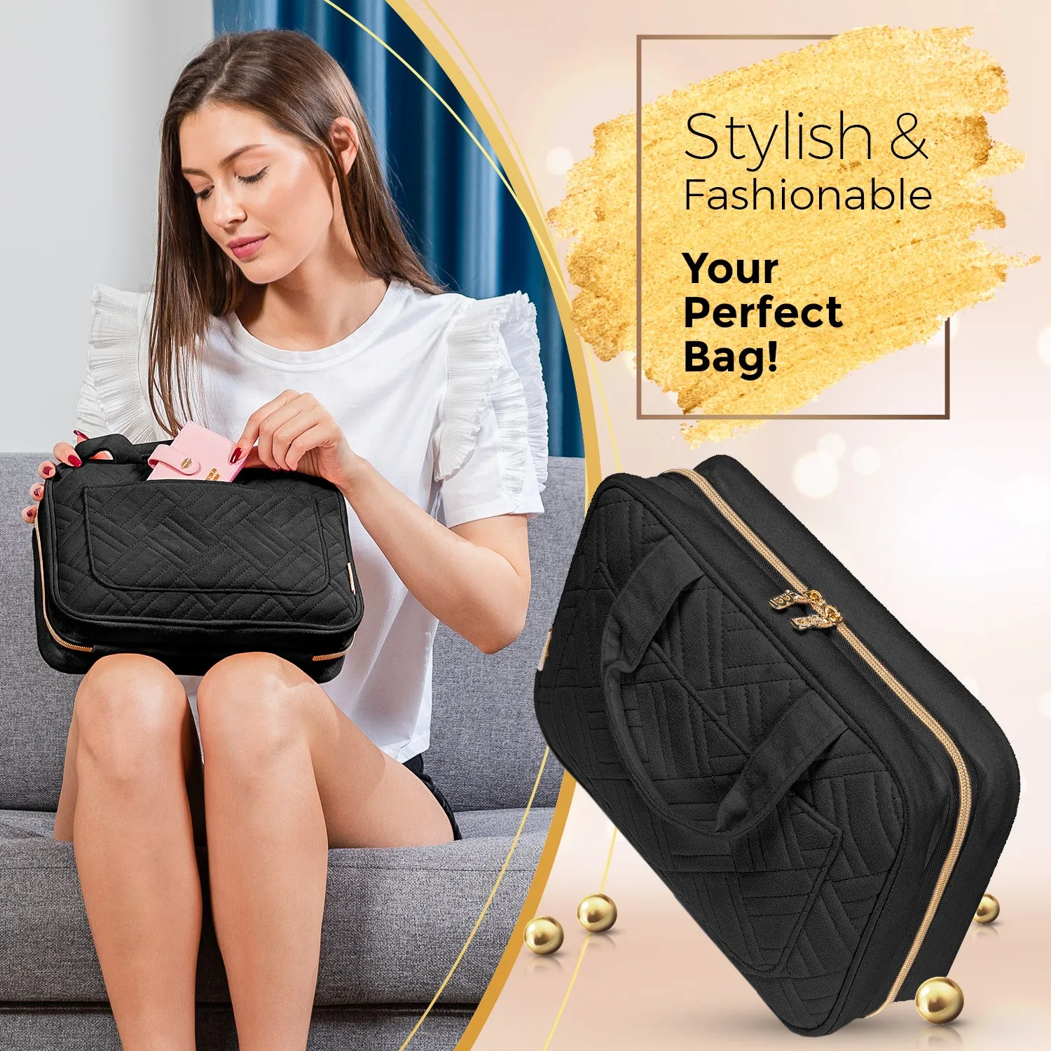 Medium Foldable Hanging Toiletry Bag - Panther Black (Beige Interior)