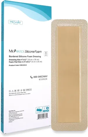 MedVanceTM Silicone - Bordered Silicone Adhesive Foam Dressing Size 4"x 12" (2.4"x10.4" Pad) Box of 5 dressings