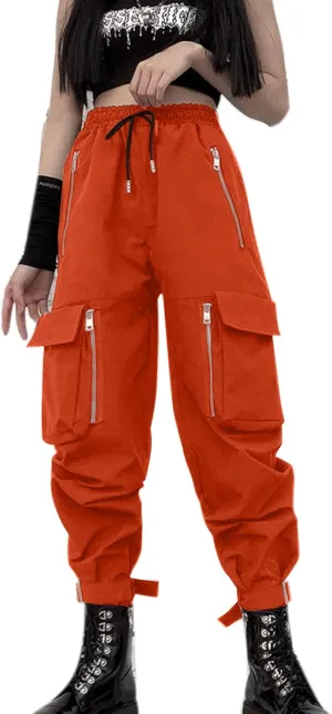 MEINVQIAOTI Black Cargo Pants Women Loose Chained Pants Multi-Pocket Multi-Zip Punk Goth Pants