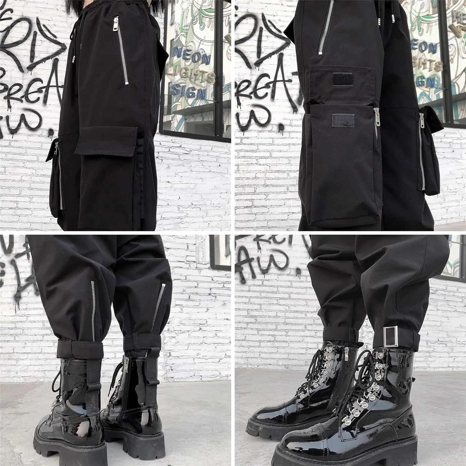 MEINVQIAOTI Black Cargo Pants Women Loose Chained Pants Multi-Pocket Multi-Zip Punk Goth Pants